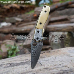 Damascus pocket knife engraved bolsters