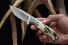 8 inch Handmade Damascus Steel Hunting knife Handle Deer Antler With Leather Sheath