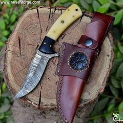 Handmade Damascus Hunting Knife with Sheath | 9'’ EDC Survival Knife for Men | Fixed Blade with Camel Bone Handle