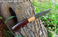 Damascus Steel Hunting Knife, Handmade Full Tang Skinner Knife, Fixed-Blade-Knife & Hunting Knife, Camping Knives & Hunting Knives, Olive Wood & Rose Wood Handle with Leather Knife Sheath