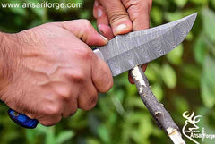 9.0" Overall Length Handmade Damascus Steel Hunting Fixed Blade Skinner Knife With Leather Sheath, Pakka wood Handle Blue