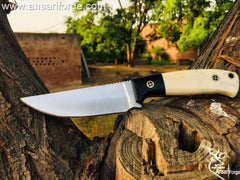 Custom handmade forged 420J2 tool steel hunting knife 420 J2 steel full tang drop point blade with 54 HRC hardness , Micarta bolsters and camel bone handle Comes with genuine cowhide leather sheath
