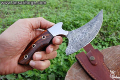 Custom Handmade Damascus Steel Rain Drop Hunting Knife With Leather Sheath