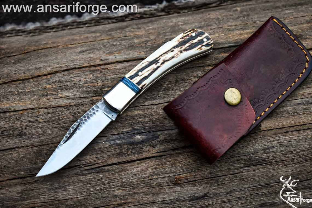 Custom Pocket Knife - High Carbon Steel Folding Blade, Stag Antler Handle.