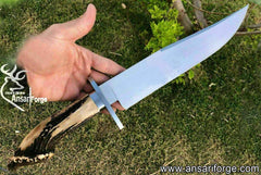 17-inch Texas Bowie Knife with clip point blade, Crown Stag handle, and genuine cowhide leather sheath. Handmade by Ansari Forge.