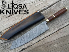Handmade Kiritsuke knife with Damascus steel blade and rosewood handle - premium Japanese chef knife by Ansari Forge.