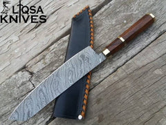 Close-up of twist pattern Damascus steel blade on gyuto knife - high carbon 1095 & 15n20 nickel steel.