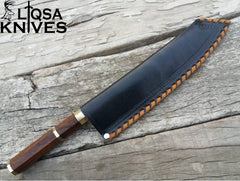 handmade Kiritsuke knife in leather sheath - perfect for chefs and cooking enthusiasts.