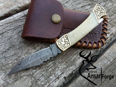 Custom made Damascus steel lock back pocket knife