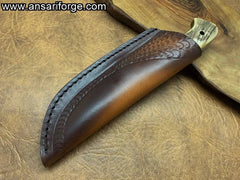 Custom Handmade Forged Damascus Steel Hunting Knife Stag Handle And Leather Sheath