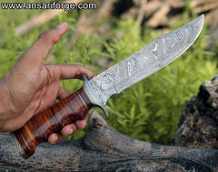 DAMASCUS KNIFE, Bowie knife, Hunting knife, Engraved knife, Personalized Gift, Bushcraft, Survival, knife, Leather Handle, Sheath, Full Tang
