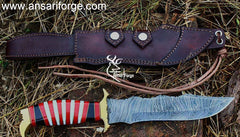 Handmade Damascus Steel 13.5 Inches Bowie Knife - Exotic Wood Handle Brass Hilt & Pommel | Ansari Forge