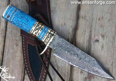 Custom Damascus knife Turquoise Gemstone handle, Damascus steel hunter knife Damascus skinner knife, utility Tactical knife collectors knife, gift for men Sheath