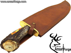 Handmade Damascus Steel Hunting Bowie Knife Stag Horn Handle Brass Guard With Leather Sheath
