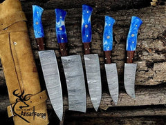5 pcs Damascus steel custom handmade kitchen knives set chef set