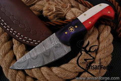 Damascus steel beautiful handmade Skinner Knife Texas Flag handle