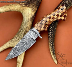 Damascus Hunting Knife With Sheath Damascus Hilt And Wood Handle