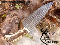 Damascus steel flint knapped hunting knife with stag antler handle