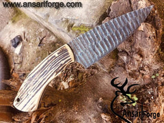 Damascus steel flint knapped hunting knife with stag antler handle