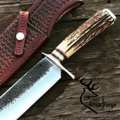 D2 forged handmade Bowie Stag antler handle and tooled fancy leather cover