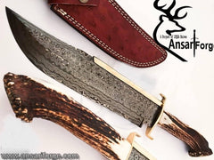 Hand Made Damascus Steel forged Texas Bowie Knife Handle Brass clip with stag horn