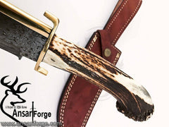 Hand Made Damascus Steel forged Texas Bowie Knife Handle Brass clip with stag horn