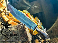 Hand Made Damascus Steel forged Texas Bowie Knife Handle Brass clip with stag horn