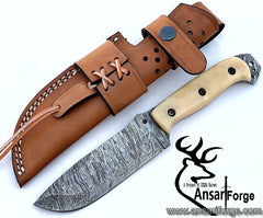 Damascus steel full tang hunting knife with camel bone handle