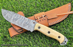 Damascus steel full tang hunting knife with camel bone handle