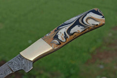 Damascus steel fillet knife with leather sheath