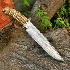 Superb class Damascus Bowie with antique carved wood handle & sheath