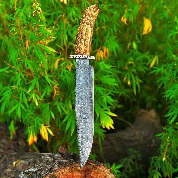 Superb class Damascus Bowie with antique carved wood handle & sheath