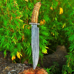 Superb class Damascus Bowie with antique carved wood handle & sheath