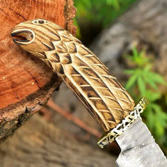Superb class Damascus Bowie with antique carved wood handle & sheath