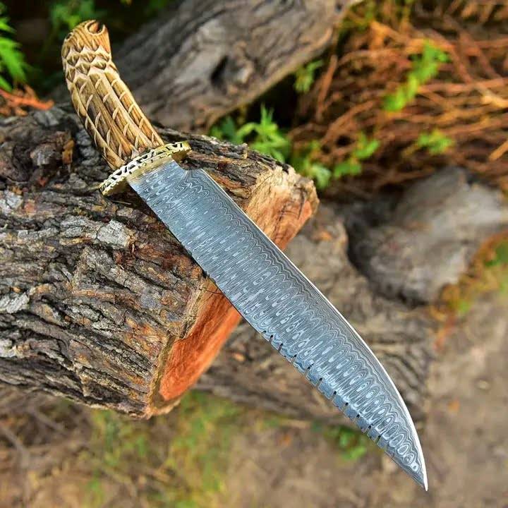 Superb class Damascus Bowie with antique carved wood handle & sheath