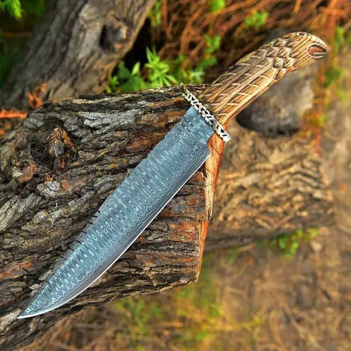 Superb class Damascus Bowie with antique carved wood handle & sheath