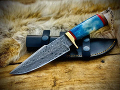 Fixed Blade Damascus Hunting Knife With Sheath , Bone Handle And Stag Antler Pommel
