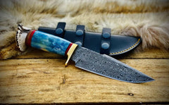 Handcrafted Damascus Hunting Knife with with sheath & Raindrop Pattern Blade
