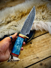 Custom Damascus hunting knife with sheath