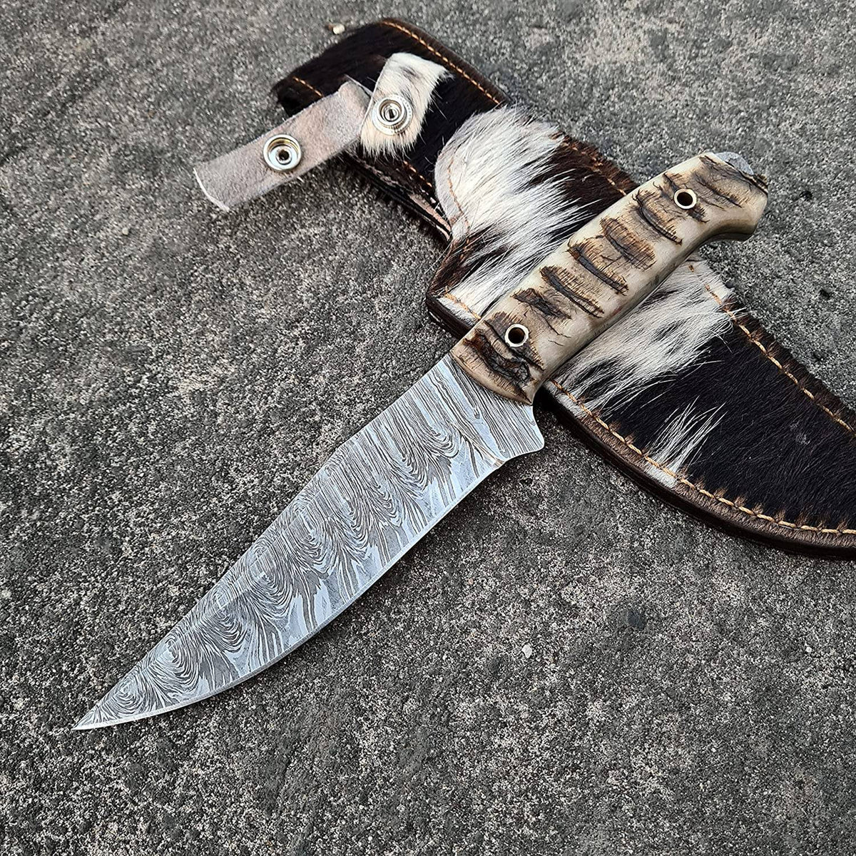 Damascus Hunting Knife with sheath-10.5" Best Camping,Hiking,Tactical,Survival knife for men-EDC Bushcraft Sharp Knife with sheep horn Handle