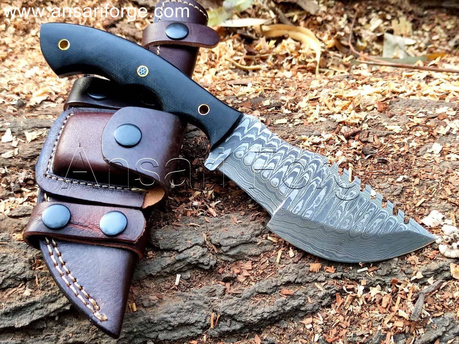 Custom Damascus Tracker Knife For Sale With Brown Leather Sheath