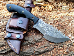Custom Damascus Tracker Knife For Sale With Brown Leather Sheath