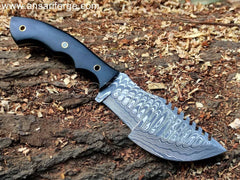 Custom Damascus Tracker Knife with Hand-Forged Blade, Micarta Handle, and Leather Sheath