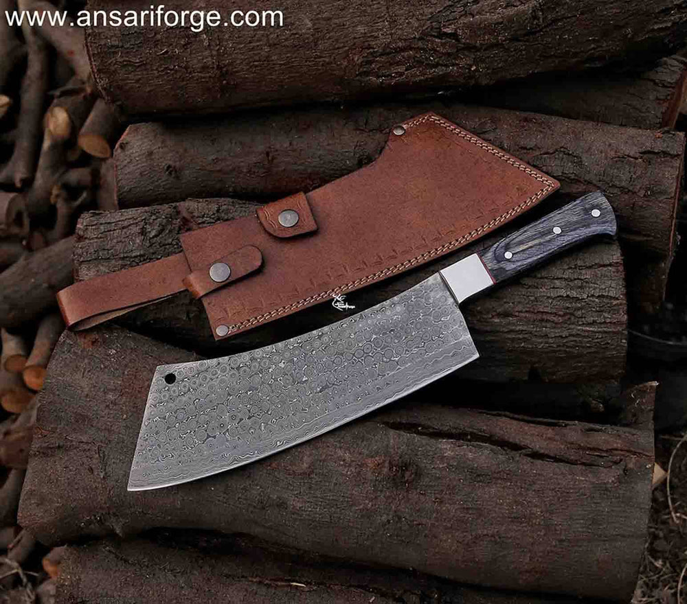 Bone Buster Damascus Meat Cleaver Knife with Rain Drop Damascus steel blade, Pakkawood handle, and leather sheath