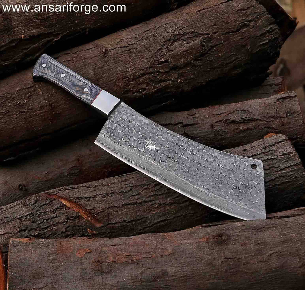 Bone Buster Damascus Meat Cleaver Knife: Rain Drop Damascus steel blade with visible layering