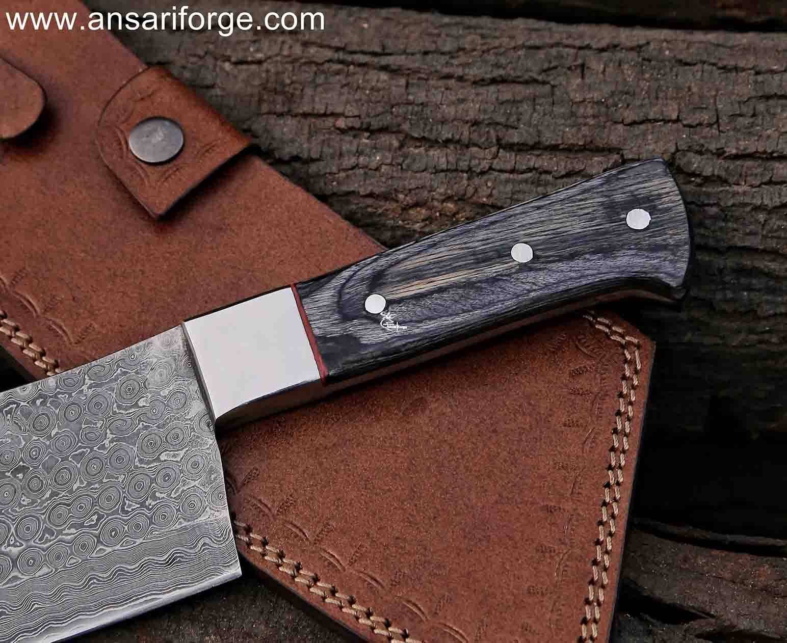 Bone Buster Damascus Meat Cleaver Knife: Ergonomic Pakkawood handle for comfortable grip.