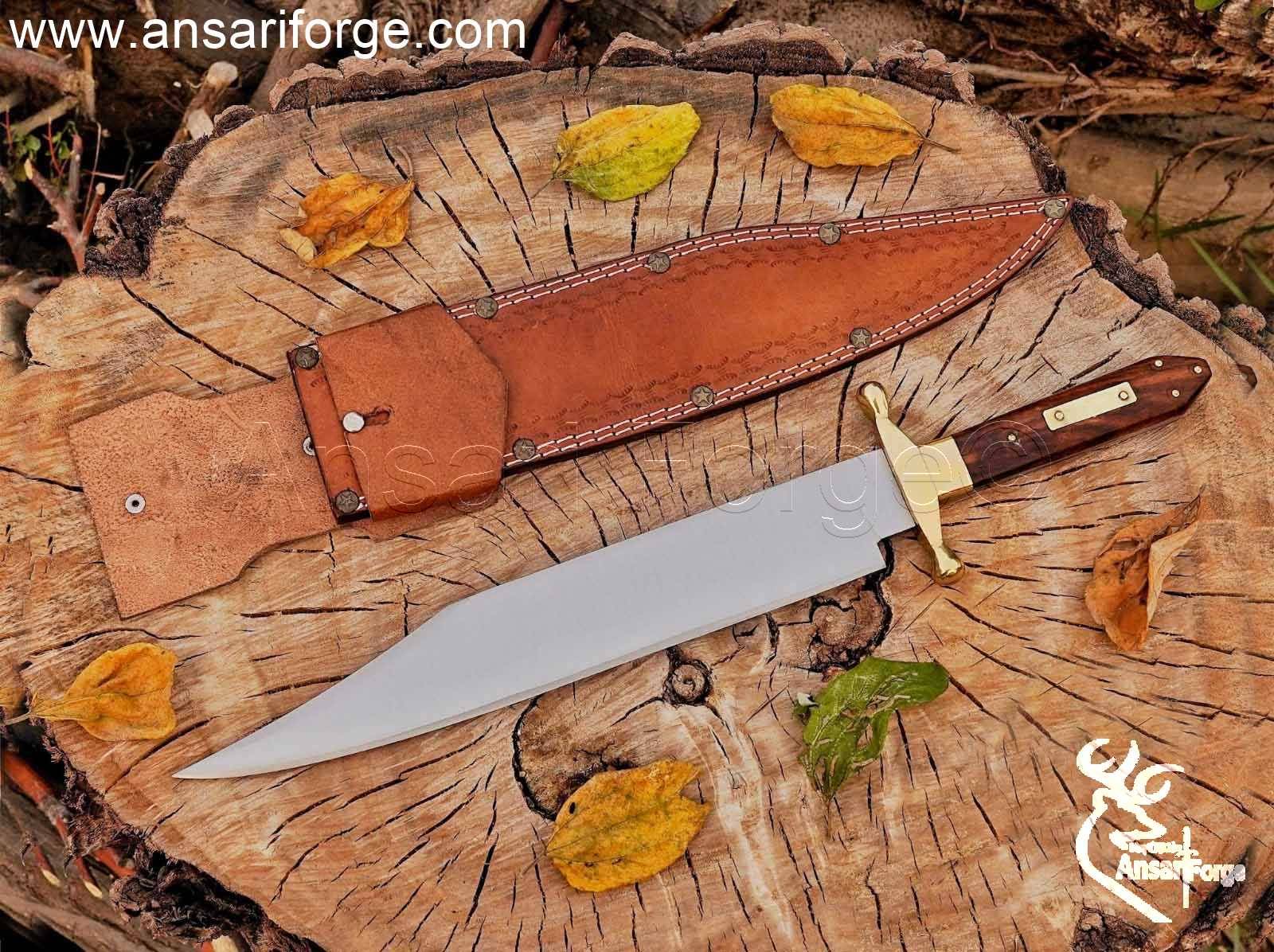 Coffin Bowie Knife with Rosewood Handle and Leather Sheath For Sale.