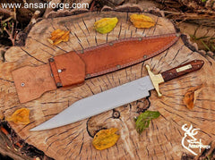 Coffin Bowie Knife with Rosewood Handle and Leather Sheath For Sale.