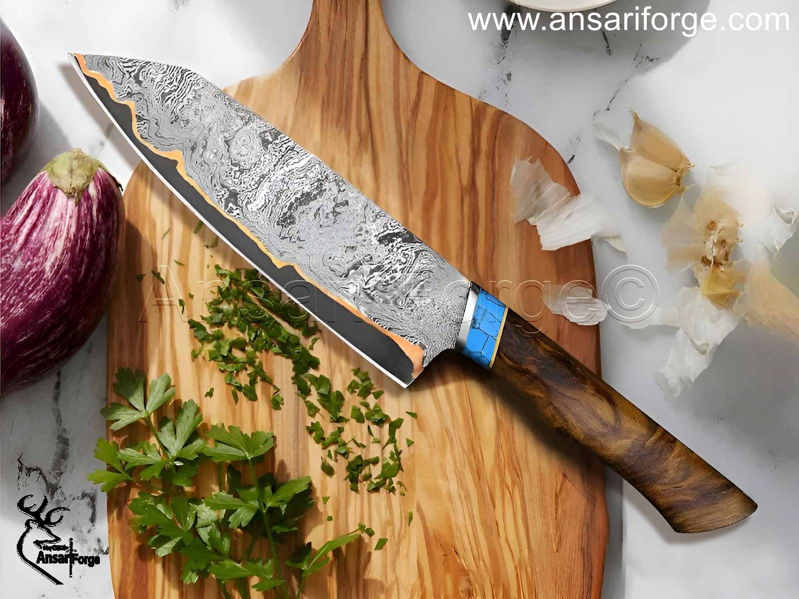 Copper Damascus Chef Knife - Hand-Forged 600-Layer Damascus Steel Blade.
