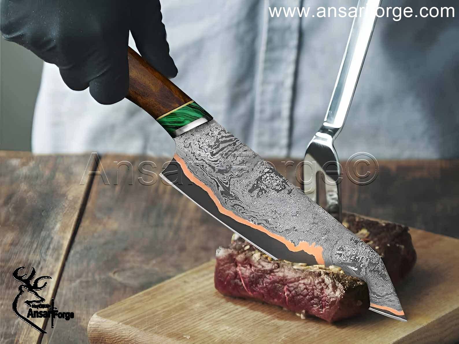 Real Damascus Chef Knife - Hand-Forged Damascus Steel Blade with Copper Accents.